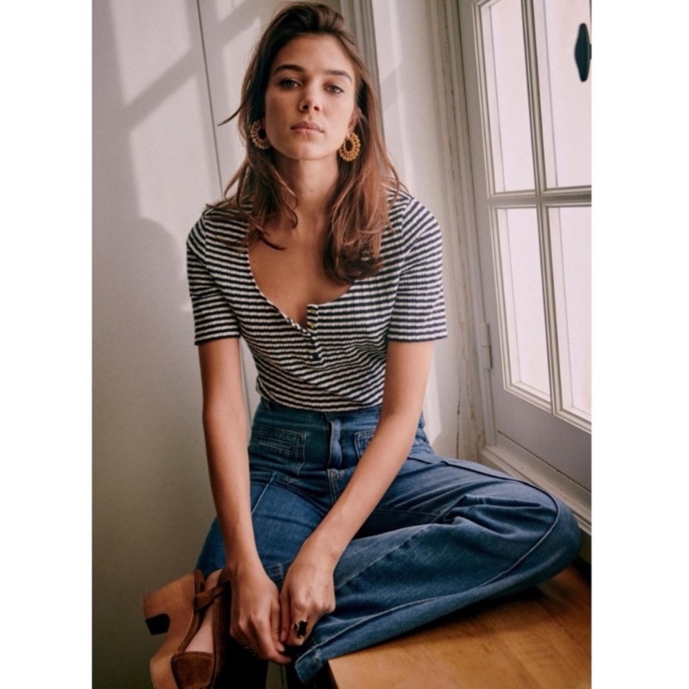 Sezane Malo top ecru navy size small